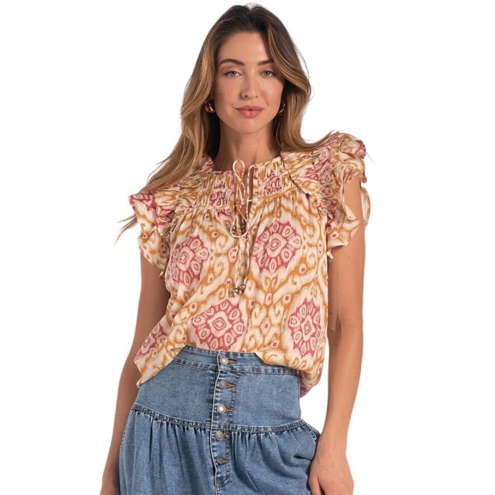 Elan Boho Ikat Print Ruffle Cap Sleeve Tie Neck Cotton Blouse Size Small
